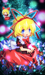 Rule 34 | 1girl, ayakashi (monkeypanch), blonde hair, blue eyes, doll, dress, energy ball, female focus, flower, highres, kneeling, lily of the valley, medicine melancholy, ribbon, smile, solo, su-san, touhou, wings