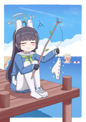 Rule 34 | &gt; &lt;, 2girls, = =, absurdres, animal ears, ass, bikini, black gloves, black hair, blue archive, blue sky, blunt bangs, blush stickers, bottomless, branch, brown hair, chibi, chibi inset, cloud, cloudy sky, commentary, disappointed, dock, embarrassed, english commentary, fake animal ears, fishing rod, frilled bikini, frills, gloves, hair between eyes, hairband, halo, hifumi (blue archive), hifumi (swimsuit) (blue archive), highres, holding, holding branch, holding fishing rod, holding string, horizon, in water, innertube, knees to chest, knees up, leaf, leaf on head, long hair, long sleeves, looking away, low twintails, miyu (blue archive), multiple girls, ocean, official alternate costume, panties, panties under pantyhose, pantyhose, pleated skirt, school uniform, serafuku, shoes, sidelocks, single shoe, skirt, sky, sleeveless, sneakers, sparkle, string, stryx, swim ring, swimsuit, twintails, two-tone gloves, underwear, unworn bikini bottom, white bikini, white pantyhose, xo