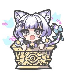 1girl animal_ear_fluff animal_ears bell blue_bow blunt_bangs bow box cable cable_tail cat_ears cat_girl cat_tail chibi club_(shape) club_facial_mark commentary duel_monster english_commentary facial_mark fangs gradient_hair grey_eyes highres in_box in_container malice&lt;p&gt;cheshire_cat mechanical_tail millennium_puzzle multicolored_hair neck_bell oquri puffy_sleeves purple_bow purple_hair purple_shirt shirt short_hair simple_background smile solo striped_tail tail tail_bow tail_ornament usb white_background white_hair white_sleeves yu-gi-oh!