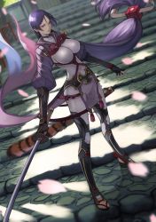 Rule 34 | 1girl, absurdres, bodysuit, breasts, cherry blossoms, commentary request, covered navel, fate/grand order, fate (series), fingerless gloves, full body, gloves, highres, holding, holding sword, holding weapon, katana, large breasts, long hair, low-tied long hair, minamoto no raikou (fate), outdoors, parted bangs, purple bodysuit, purple eyes, purple hair, ribbed sleeves, rope, solo, standing, sword, very long hair, weapon, yoshio (55level)