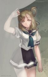 Rule 34 | 1girl, :o, artist name, artist request, bare legs, blonde hair, blush, braid, breasts, brown eyes, buttons, collarbone, crown braid, curtains, female focus, green eyes, green neckerchief, grey sailor collar, grey skirt, hair rings, highres, holding curtain, long sleeves, looking at viewer, love live!, love live! sunshine!!, miniskirt, neckerchief, ohara mari, parted lips, plaid, plaid skirt, pleated, pleated skirt, sailor collar, school uniform, shirt, short hair, skirt, small breasts, smile, solo, tie clip, uranohoshi school uniform, white curtains, white shirt, yellow buttons, yellow eyes