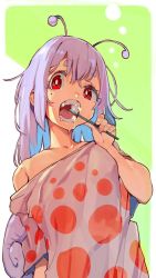 Rule 34 | 1girl, antennae, bare shoulders, bright pupils, brushing teeth, contrapposto, fingernails, hand up, long hair, looking at viewer, mole, mole under eye, nonco, off-shoulder shirt, off shoulder, open mouth, purple hair, red eyes, shirt, snail shell, snailchan, snails house, solo, tail, toothbrush, upper body, white pupils