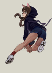 Rule 34 | 1girl, artist name, ass, brown hair, female focus, fkey, furry, furry female, green background, green eyes, hood, hoodie, leaning forward, original, parted lips, scowl, shoes, short shorts, shorts, simple background, sneakers, solo, sweater, whiskers