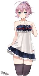 Rule 34 | 1girl, aoba (kancolle), bare arms, bare shoulders, black thighhighs, blue eyes, cowboy shot, cropped legs, dress, frilled dress, frills, kantai collection, looking at viewer, mitsukoshi (department store), ponytail, purple hair, scrunchie, short hair, simple background, sleeveless, sleeveless dress, solo, standing, thigh gap, thighhighs, twitter username, white background, white dress, yamashichi (mtseven), zettai ryouiki
