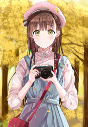 Rule 34 | 1girl, autumn, bag, beret, blue dress, blush, braid, brown hair, camera, closed mouth, commentary request, dress, ginkgo leaf, ginkgo tree, green eyes, hands up, hat, highres, holding, holding camera, leaf, long hair, long sleeves, looking at viewer, morerin, original, pink hat, shirt, shoulder bag, side braids, sleeveless, sleeveless dress, smile, solo, tree, twin braids, very long hair, white shirt