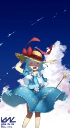 Rule 34 | 1girl, absurdres, annoyed, arm up, artist name, bad id, bad twitter id, blue dress, blue hair, blue sky, bow, cloud, dated, day, dress, closed eyes, flower, hand on headwear, hat, hat bow, hat ribbon, highres, kaku seiga, kuk work, open mouth, outdoors, puffy short sleeves, puffy sleeves, red bow, red ribbon, ribbon, shaded face, short sleeves, sky, solo, standing, straw hat, touhou, wand, wind, wind lift