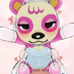 Rule 34 | 1boy, 1girl, :3, absurdres, animal crossing, animal ears, animal nose, arms up, bear ears, bear girl, black eyes, blush, body fur, chibi, clitoris, closed mouth, clothed female nude male, clothes lift, disembodied hand, dress, dress lift, elbow gloves, erection, flat chest, furry, furry female, furry with non-furry, garter straps, girl on top, gloves, half-closed eyes, happy, happy sex, heart, hetero, highres, interspecies, jewelry, long dress, looking at viewer, motion blur, necklace, nintendo, nose blush, nude, outstretched arms, pearl necklace, penis, pink background, pink fur, pinky (animal crossing), pov, pussy, pussy juice, reaching, reaching towards viewer, red leopard, sex, smile, solo focus, straight-on, strapless, strapless dress, sweat, thighhighs, trembling, two-tone fur, uncensored, vaginal, villager (animal crossing), waist grab, wedding dress, white dress, white fur, white gloves, white thighhighs, white tiara