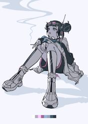 Rule 34 | 1girl, :o, black hair, cigarette, color guide, double bun, foreshortening, gaako illust, goggles, goggles on head, hair bun, headset, highres, holding, holding cigarette, invisible floor, jacket, kneehighs, knees up, long sleeves, on floor, open clothes, open jacket, open mouth, original, shadow, shoes, shorts, sitting, smoke, sneakers, socks, solo, striped clothes, striped jacket, white background
