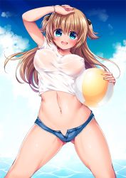 Rule 34 | 1girl, :d, arm up, ball, beachball, blue eyes, blush, bracelet, breasts, brown hair, covered erect nipples, eyes visible through hair, gluteal fold, groin, head tilt, holding, jewelry, legs apart, md5 mismatch, medium breasts, navel, open mouth, original, outdoors, ruri rarako, shirt, short shorts, shorts, smile, solo, standing, two side up, wet, wet clothes, wet shirt, white shirt