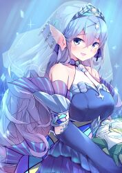Rule 34 | 1girl, absurdres, bare shoulders, blue background, blue hair, blush, bouquet, breasts, bridal veil, bride, detached sleeves, dress, duel monster, fins, flower, gradient eyes, head fins, highres, holding, holding bouquet, kanzakietc, large breasts, light rays, long hair, multicolored eyes, open mouth, solo, tearlaments kitkallos, tiara, upper body, veil, wedding dress, yu-gi-oh!