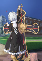Rule 34 | 1girl, anger vein, angry, antenna hair, back, black dress, black footwear, blue sky, blurry, blurry background, boots, bucket, building, cross (weapon), dress, full body, grass, highres, honkai (series), honkai impact 3rd, long sleeves, nun, outdoors, side ponytail, sky, solo, syaoranen, theresa apocalypse, theresa apocalypse (valkyrie pledge), towel, water, white hair