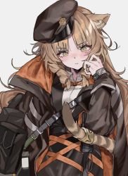 Rule 34 | 1girl, animal ears, aogisa, arknights, beret, black hat, black shirt, blush, bow, bowtie, brown jacket, green eyes, grey background, hand up, hat, highres, jacket, looking at viewer, open clothes, open jacket, orange bow, orange bowtie, pinky ring, pouch, shirt, simple background, solo, swire (arknights), tail, tiger ears, tiger girl, tiger tail, undershirt, upper body, white shirt