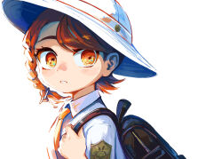 Rule 34 | 1girl, backpack, bag, black bag, braid, brown eyes, brown hair, collared shirt, commentary request, creatures (company), eyelashes, from side, game freak, hand up, hat, highres, holding strap, juliana (pokemon), looking to the side, necktie, nintendo, orange necktie, pokemon, pokemon sv, shirt, simple background, solo, upper body, white background, white hat, white shirt, yonaga story