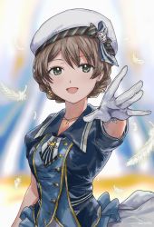 Rule 34 | 10s, 1girl, ahoge, bad id, bad twitter id, beret, blush, braid, breasts, dress, earrings, feathers, gloves, green eyes, hat, idolmaster, idolmaster million live!, idolmaster million live! theater days, jewelry, light brown hair, looking at viewer, necklace, open mouth, outstretched arm, sakuramori kaori, sh1taten, smile, white gloves