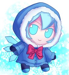 Rule 34 | 1girl, blue eyes, blue hair, blue hood, bow, bowtie, chibi, cirno, coat, full body, fumo (doll), highres, hood, ice, ice wings, red bow, red bowtie, signature, skullchimes, smile, snowflake background, solo, touhou, wings, winter clothes, winter coat