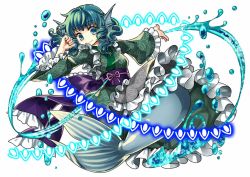 Rule 34 | 1girl, blue eyes, blue hair, bubble, danmaku, drill hair, fins, frills, head fins, japanese clothes, kimono, long sleeves, matching hair/eyes, md5 mismatch, mermaid, monster girl, obi, outstretched arm, resized, resolution mismatch, ribbon, sash, short hair, simple background, smile, socha, solo, source larger, touhou, wakasagihime, water, white background, wide sleeves
