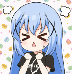 Rule 34 | &gt; &lt;, 1girl, blue hair, blush, bocchi the rock!, chestnut mouth, clenched hands, closed eyes, clothes writing, commentary request, facing viewer, gochuumon wa usagi desu ka?, hair between eyes, hair ornament, hands up, kafuu chino, long hair, mitya, open mouth, outline, polka dot, polka dot background, solo, sweat, translation request, twitter username, upper body, white background, white outline, x hair ornament