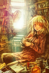 Rule 34 | 1girl, :d, animal ears, book, bookshelf, bottle, bright pupils, chair, clipboard, commentary request, cup, desk, electric fan, green hair, highres, holding, indoors, lm7 (op-center), long sleeves, looking at viewer, open mouth, original, pants, plant, potted plant, shotgun shell, sitting, sketch, smile, solo, yellow eyes