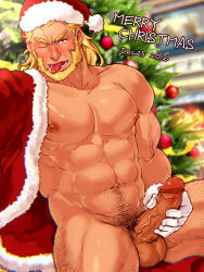 Rule 34 | 1boy, abs, bara, beard, blonde hair, character request, christmas, erection, facial hair, gloves, hana (artist), hand on penis, hat, looking at viewer, male focus, muscular, pectorals, penis, penis grab, santa costume, santa hat, solo, testicles, the end of dreams, tongue, tongue out, uncensored, undressing