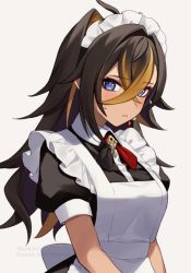 Rule 34 | ahoge, alternate costume, apron, black dress, black hair, blue eyes, blush, breasts, brown hair, closed mouth, collared dress, commentary request, dehya (genshin impact), dress, enmaided, frilled apron, frills, genshin impact, grey background, hair between eyes, hair intakes, maid, maid apron, maid headdress, medium breasts, multicolored hair, puffy short sleeves, puffy sleeves, short sleeves, simple background, streaked hair, sweat, upper body, white apron, yamabukiiro