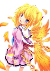 Rule 34 | 10s, 1girl, :d, absurdres, blonde hair, blue eyes, dress, feathers, high school dxd, highres, miyama-zero, open mouth, ravel phenex, simple background, smile, wings