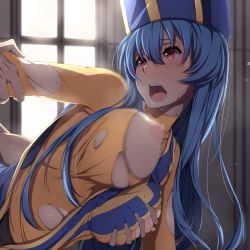 Rule 34 | 1girl, arm grab, blue hair, blurry, blush, bodysuit, grabbing another&#039;s breast, breasts, dragon quest, dragon quest iii, grabbing, grabbing from behind, hat, highres, implied sex, large breasts, long hair, male hand, nagioka, nipples, open mouth, priest (dq3), red eyes, solo focus, torn clothes