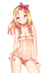 Rule 34 | 10s, 1girl, absurdres, bare arms, bikini, blonde hair, bow, breasts, brown eyes, closed mouth, collarbone, covered erect nipples, cowboy shot, drill hair, eromanga sensei, female focus, hair bow, hair ribbon, highres, long hair, looking at viewer, medium breasts, micro bikini, navel, red bow, ribbon, side-tie bikini bottom, simple background, smile, solo, standing, striped bikini, striped clothes, swimsuit, twin drills, white background, yamada elf, yinranluo