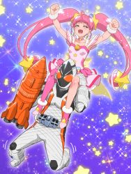Rule 34 | 1boy, 1girl, boots, choker, crossover, cure star, dress, hair ornament, hoshina hikaru, jewelry, kamen rider, kamen rider fourze, kamen rider fourze (series), long hair, magical girl, open mouth, pink hair, precure, smile, star (symbol), star twinkle precure, thigh boots, thighhighs, tj-type1, trait connection, twintails