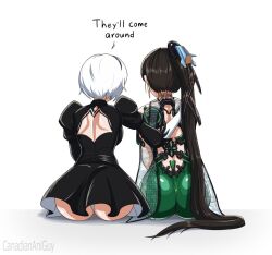 Rule 34 | 2b (nier:automata), 2girls, artist name, ass, back, back cutout, black dress, black hair, bodysuit, canadiananiguy, clothing cutout, commentary, dress, drop earrings, earrings, english commentary, english text, eve (stellar blade), female focus, from behind, green bodysuit, hair ornament, hand on another&#039;s shoulder, jewelry, juliet sleeves, long hair, long sleeves, multiple girls, nier:automata, nier (series), planet diving suit (7th) (stellar blade), ponytail, puffy sleeves, short hair, sitting, stellar blade, trait connection, very long hair, white background, white hair