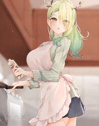 Rule 34 | 1girl, antlers, apron, black skirt, blurry, blurry background, blush, bottle, braid, braided bangs, breasts, ceres fauna, eyes visible through hair, frying pan, green hair, highres, holding, holding bottle, holding frying pan, hololive, hololive english, horns, large breasts, looking at viewer, looking to the side, ma draws, mole, mole under eye, open mouth, pleated skirt, ribbed sweater, skirt, stove, sweater, virtual youtuber, yellow eyes