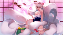 Rule 34 | 2girls, animal ears, bare shoulders, blush, breasts, cat ears, cherry blossoms, cleavage, crusaders quest, closed eyes, green hair, highres, kitsune, kitsune yeowoodong, long hair, mew (crusaders quest), multiple girls, multiple tails, nude, red eyes, sitting, sleeping, smile, squidsmith, sweat, tail, white hair