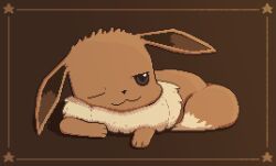 Rule 34 | :3, animal focus, border, brown background, brown border, brown eyes, brown theme, closed mouth, creatures (company), eevee, full body, game freak, gen 1 pokemon, half-closed eye, happy, highres, looking to the side, lying, neck fur, nintendo, no humans, on stomach, one eye closed, pixel art, pokemon, pokemon (creature), revision, simple background, smile, solo, star (symbol), wisgarus