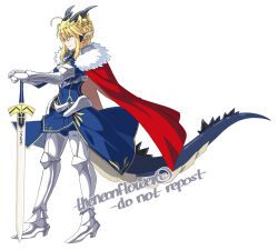 Rule 34 | 1girl, animal ears, armor, armored boots, armored dress, artoria pendragon (all), artoria pendragon (fate), blonde hair, blue dress, blue skin, boots, braid, cape, capelet, cleavage cutout, clothing cutout, colored skin, crown, dragon, dragon ears, dragon girl, dragon horns, dragon tail, dress, excalibur (fate/stay night), fate/grand order, fate (series), french braid, fur trim, gold trim, green eyes, high heel boots, high heels, highres, horns, monster girl, neon (theneonflower), planted, planted sword, planted weapon, pointy ears, red cape, red capelet, saber (fate), short dress, solo, sprite, sword, tail, thigh boots, transparent background, weapon