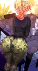 Rule 34 | 1girl, ass, blonde hair, camouflage, camouflage pants, from behind, game cg, highres, hooligapps, hot gym, huge ass, long sleeves, pants, ponytail, stella (hot gym), table