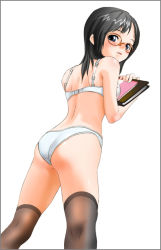 Rule 34 | 1girl, ass, back, black hair, book, bra, copyright request, glasses, inuburo, lingerie, long hair, looking back, panties, solo, thighhighs, underwear, underwear only