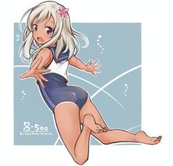 Rule 34 | 1girl, ass, bare arms, bare legs, bare shoulders, barefoot, blue eyes, blush, commentary request, crop top, flower, hair between eyes, hair flower, hair ornament, kantai collection, legs, long hair, looking at viewer, one-piece swimsuit, one-piece tan, open mouth, ro-500 (kancolle), sailor collar, school swimsuit, simple background, smile, solo, swimsuit, swimsuit under clothes, tan, tanline, tobi (nekomata homara), white hair