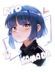 Rule 34 | 1girl, absurdres, black sweater, blue hair, bocchi the rock!, character name, closed mouth, commentary, cropped shoulders, english commentary, eyelashes, highres, kirkeone, light blush, looking at viewer, portrait, short hair, simple background, solo, sweater, white background, yamada ryo, yellow eyes