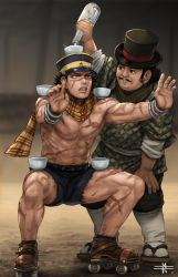 Rule 34 | 2boys, black headwear, black pants, blue shorts, bottle, bracelet, clenched teeth, facial hair, facial scar, golden kamuy, hand on own knee, hat, holding, holding bottle, jewelry, male focus, mitsuya, multiple boys, mustache, pants, plaid, plaid scarf, scar, scar on cheek, scar on face, scar on leg, scarf, short shorts, shorts, squatting, sugimoto saichi, tabi, teeth, top hat, torn clothes, torn shorts, white legwear, yamada (golden kamuy), yellow scarf