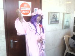 Rule 34 | cosplay, crossdressing, facial hair, hebrew text, male focus, patchouli knowledge, photo (medium), purple hair, stubble, touhou, what