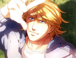 Rule 34 | 10s, 1boy, bad id, bad pixiv id, blonde hair, blue eyes, jacket, keith goodman, male focus, nature, outdoors, plant, shading eyes, short hair, solo, tiger &amp; bunny, zihad