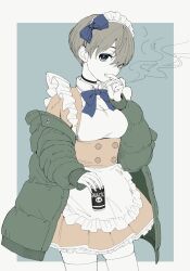 Rule 34 | 1girl, 5saiji, apron, bow, bowtie, breasts, can, canned coffee, choker, cigarette, drink can, frilled apron, frills, green jacket, grey hair, highres, holding, holding can, holding cigarette, jacket, long sleeves, looking at viewer, maid headdress, medium breasts, off shoulder, open clothes, open jacket, original, short hair, simple background, smoke, smoking, solo, thighhighs