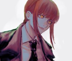 Rule 34 | 1girl, black coat, black necktie, braid, braided ponytail, chainsaw man, coat, collared shirt, formal, highres, looking to the side, makima (chainsaw man), medium hair, necktie, red hair, ringed eyes, shirt, shirt tucked in, sidelocks, simple background, smile, solo, suit, white background, white shirt, yellow eyes, yohohoi