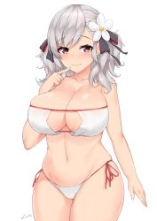 Rule 34 | 1girl, arm at side, bikini, breasts, cleavage, cowboy shot, eyepatch bikini, finger to mouth, flower, girls&#039; frontline, hair flower, hair ornament, hair ribbon, kuavera, large breasts, looking at viewer, medium hair, navel, official alternate costume, red eyes, ribbon, side-tie bikini bottom, silver hair, simple background, smile, solo, spas-12 (girls&#039; frontline), spas-12 (midsummer fruit) (girls&#039; frontline), standing, swimsuit, thighs, two side up, white bikini
