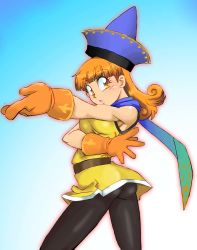 Rule 34 | 1girl, alena (dq4), ass, cape, commentary request, curly hair, dragon quest, dragon quest iv, earrings, gloves, hat, jewelry, long hair, onnaski, orange hair, pantyhose, retro artstyle, skirt, solo, yellow skirt