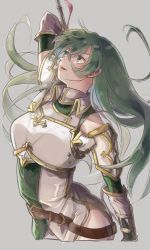Rule 34 | 1girl, armor, ass, belt, boots, breastplate, brown belt, erinys (fire emblem), fire emblem, fire emblem: genealogy of the holy war, fire emblem heroes, floating hair, gloves, green eyes, green gloves, green hair, grey background, hair between eyes, head tilt, highres, holding, holding lance, holding polearm, holding weapon, kabos (kabos000kbs), lance, nintendo, parted lips, polearm, side slit, simple background, solo, weapon
