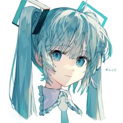 Rule 34 | 1girl, absurdres, ahoge, aqua eyes, aqua hair, aqua necktie, closed mouth, deep (deep4946), frilled shirt collar, frills, hair between eyes, hatsune miku, head only, highres, long hair, looking at viewer, messy hair, necktie, portrait, shaded face, simple background, solo, twintails, vocaloid, white background