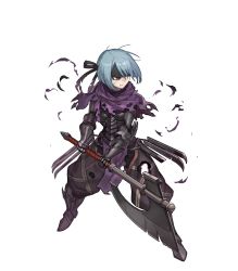 Rule 34 | 1girl, armor, armored boots, axe, beruka (fire emblem), black eyes, blue hair, boots, capelet, fire emblem, fire emblem fates, fire emblem heroes, full body, gloves, headband, highres, injury, lack, nintendo, official art, ryona, scar, solo, teeth, torn clothes, transparent background, weapon