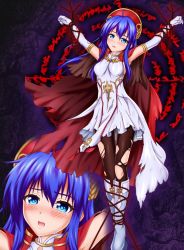 Rule 34 | 1girl, absurdres, armpits, arms up, black pantyhose, blue eyes, blue hair, blush, boots, breasts, cape, chain, chained wrists, collared dress, commentary request, crying, crying with eyes open, dress, elbow gloves, facing viewer, fire emblem, fire emblem: the binding blade, fire emblem heroes, full body, gloves, glowing, gobby ekaki, hair between eyes, hat, high collar, highres, knee boots, lilina (fire emblem), long hair, medium breasts, multiple views, nintendo, official alternate costume, open mouth, pantyhose, portrait, purple background, red cape, red headwear, restrained, ryona, sleeveless, sleeveless dress, tears, torn cape, torn clothes, torn gloves, torn pantyhose, white dress, white footwear, white gloves