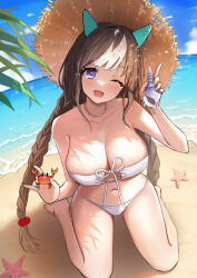 Rule 34 | 1girl, absurdres, animal, animal ears, bandeau, barefoot, beach, bikini, blue sky, blush, breasts, brown hair, cleavage, cloud, commentary request, crab, ear covers, hand up, hat, head tilt, highres, hokko tarumae (umamusume), holding, holding animal, holding shell, horse ears, horse girl, hovaku, jewelry, large breasts, long hair, looking at viewer, low twintails, multicolored hair, navel, necklace, ocean, one eye closed, open mouth, outdoors, pearl necklace, purple eyes, shell, sitting, sky, smile, solo, starfish, straw hat, swimsuit, twintails, two-tone hair, umamusume, very long hair, wariza, white bandeau, white bikini, white hair, yellow hat