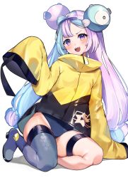 Rule 34 | 1girl, :d, absurdres, arm support, blue hair, blush, boots, commentary request, creatures (company), eyelashes, game freak, grey footwear, grey thighhighs, high heel boots, high heels, highres, iono (pokemon), jacket, leaning to the side, long hair, nintendo, open mouth, pokemon, pokemon sv, purple eyes, purple hair, sharp teeth, single thighhigh, sleeves past fingers, sleeves past wrists, smile, solo, swimsuit, swimsuit under clothes, teeth, thigh strap, thighhighs, tongue, upper teeth only, white background, yellow jacket, yuniiho